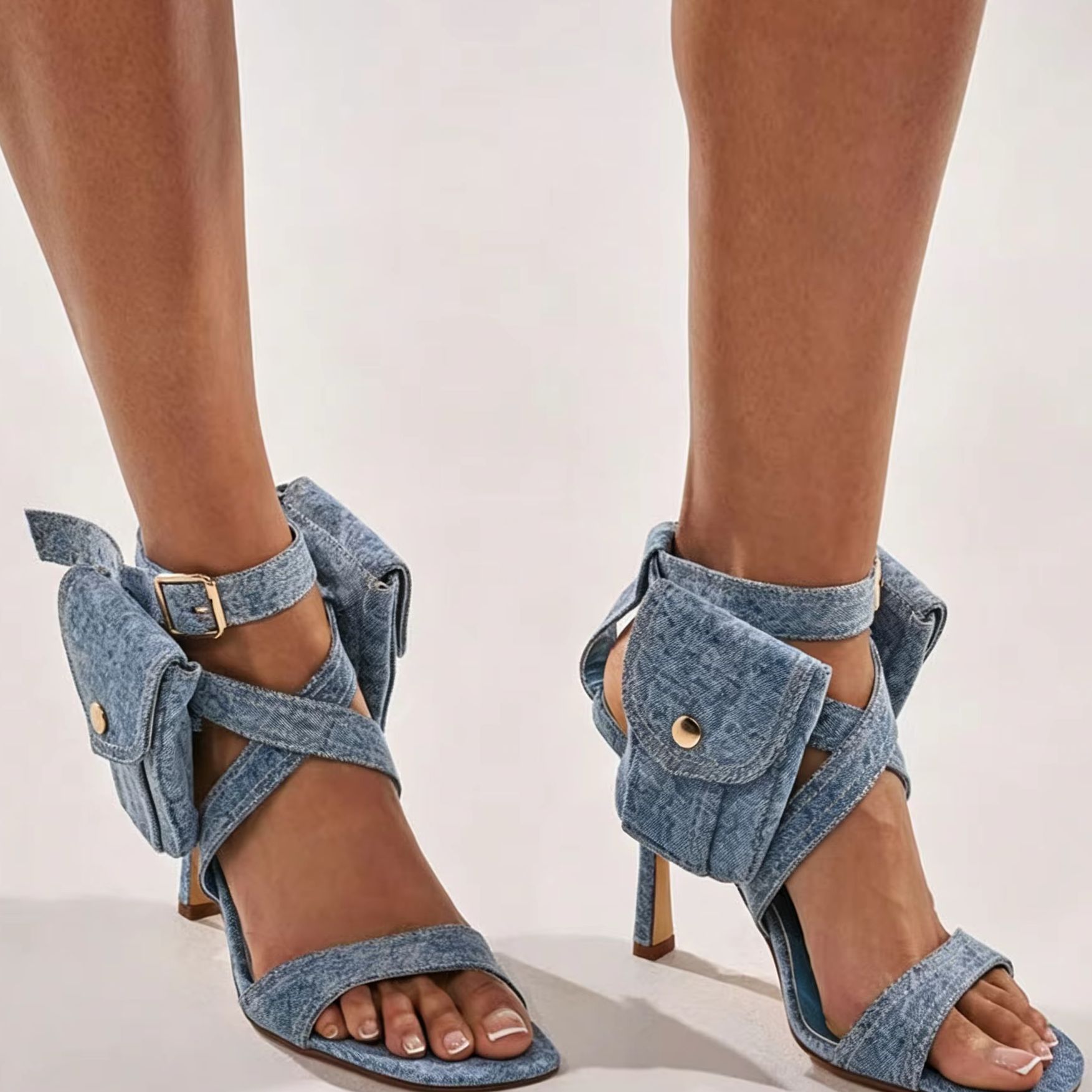 Street Fashion Y2K - Damen Blaue Denim-Sandalen mit Knöchelriemen, Sexy
